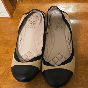 Vince Camuto Black and Beige Cap-Toe Ballet Flats